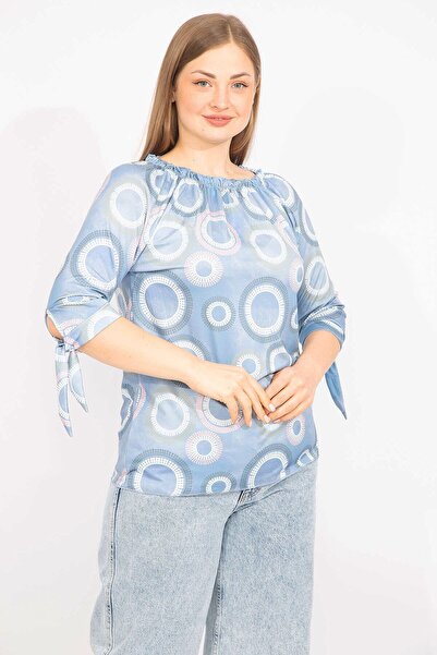 Şans Γυναικεία Μπλούζα Μπλε Μεγάλο Μέγεθος Γιακά Ελαστικό Μανίκι Δαντέλα 65n35665