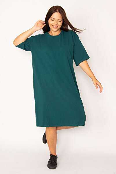 Şans Women's Large Size Green Cotton Fabric Side Zipper Slit Lycra Dress 65n34428