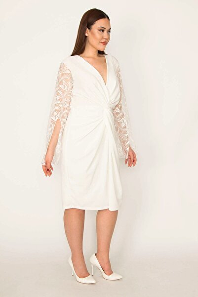 Şans Women's Plus Size Bone Front Gathered and Lace Detailed Lined Evening Dress 65n32510