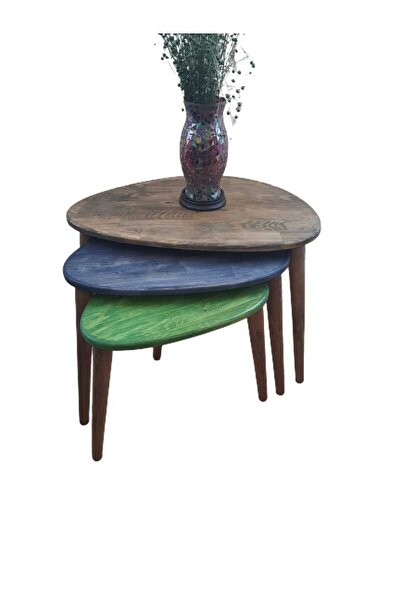 Ekübya Home % 100 Doğal Masif Ahşap Asimetrik Form Üçlü Zigon Sehpa Takımı