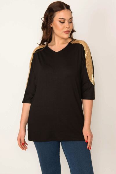 Şans Női nagyméretű arany flitteres, részletes V-nyakú Capri ujjú viszkóz blúz 65n32086