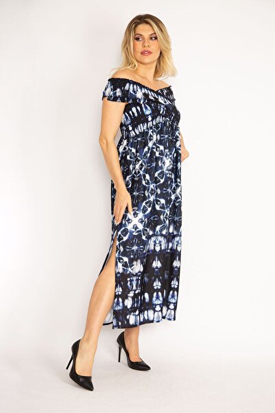 Şans Dámské velké, tmavě modré límce, široké elastické, dlouhé šaty s bočním rozparkem 65n26897