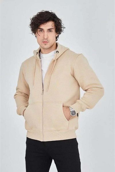 modamtn Men's Hooded Plain Zippered Cardigan - Beige