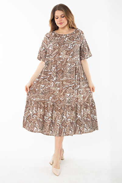 Şans Women's Plus Size Milk Coffee Collar Elastic Woven Viscose Fabric Tiered...