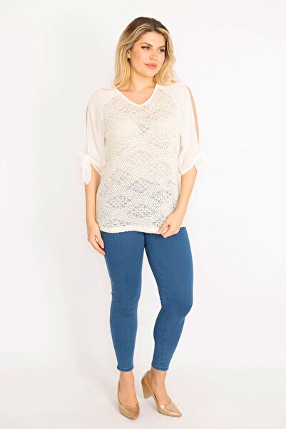 Şans Women's Large Size Bone Sleeve Low-cut Blouse 65n18966