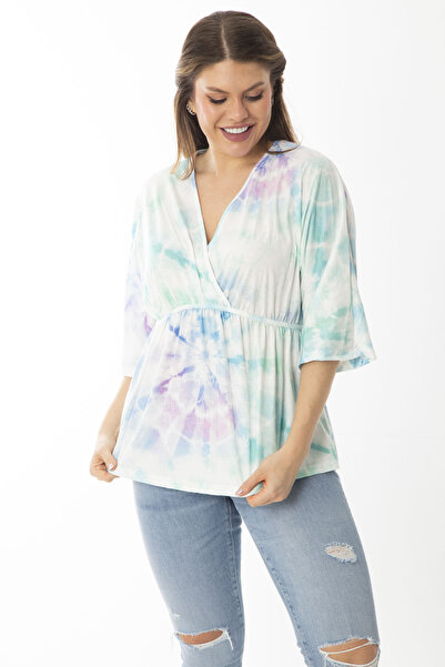 Şans Women's Large Size Colorful Wrap Collar Blouse 65N37032