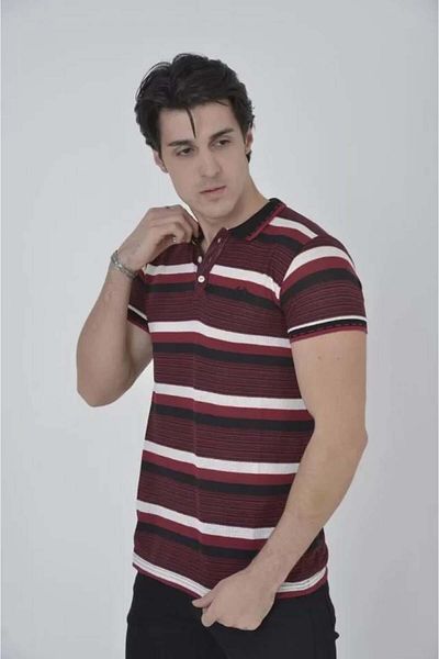 CVS Мъжка тениска с яка Slim Fit, тъкана, на райета - бордо червена