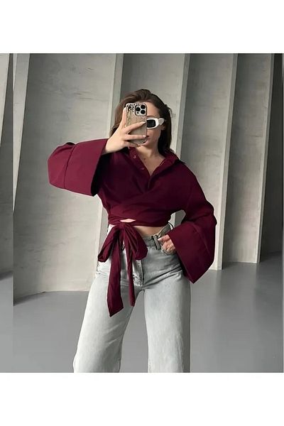 lesclees Cămașă de damă Bordeaux cu mâneci spaniole și curea în talie etos