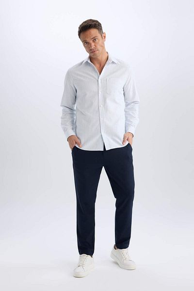 DeFacto Cămașă cu mânecă lungă cu guler polo în dungi Oxford - Regular Fit D6101AX25SP
