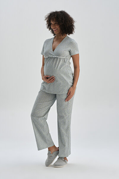 Dagi Green Patterned V-Neck Cotton Maternity Pajama Top