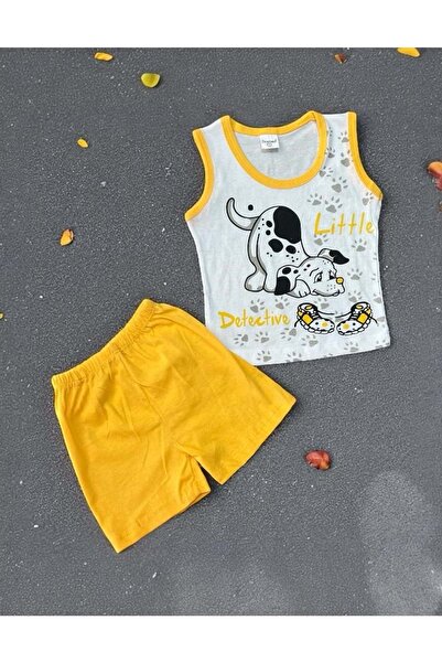 Balgüneş Tekstil Detective Dog ​​Printed Sleeveless Tshirt Shorts Set Yellow