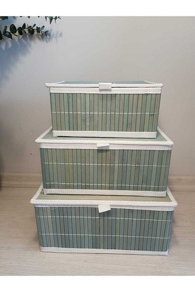 Bahçem 3-Pack Bamboo Storage Box with Lid, Natural Organizer, Decorative Basket and Toy Bin Aqua Green