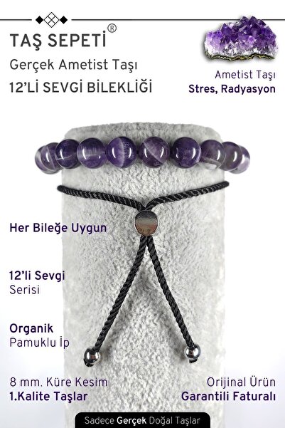 TAŞ SEPETİ 12'li Mutlak Sevgi Serisi Gerçek Ametist Doğal Taşı Unisex Ayarlı ...