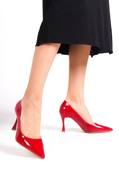 Mubiano Hakiki Deri MB972-KR Kadın İnce 9 cm Topuklu Rugan Kırmızı Stiletto & Topuklu Ayakkabı