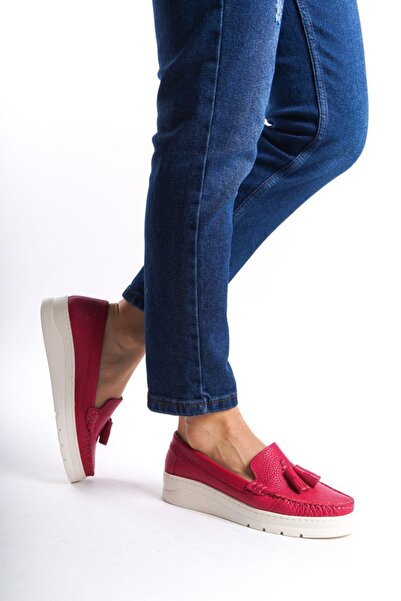 Mubiano Hakiki Deri MBMTT501-FS Kadın Kalın Taban Fuşya Babet &Loafer