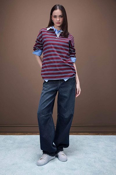 DeFacto Coool Loose Fit gestreiftes Langarm-T-Shirt mit Polokragen E4917AX25SP