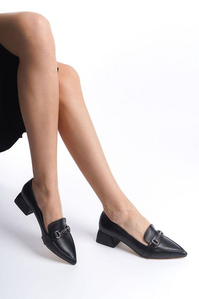 Mubiano MBHSN8084-S Pantofi negri pentru damă, cu toc bloc scurt, cu detaliu de cataramă