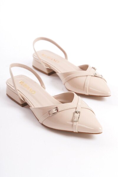 Mubiano MBHRN650-BJ Pantofi de damă din piele lacuită bej cu cataramă cu spat...