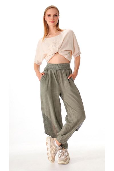 shE tekstil Leg Mesh Linen Shalwar Khaki