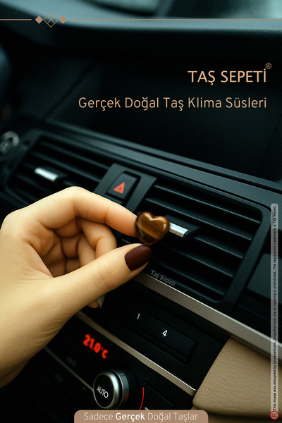 TAŞ SEPETİ Araba Klima Süsü Gerçek Doğal Taş Kaplangözü Kahverengi Kalp Torpido Süs Dekoratif Klipsli Süs
