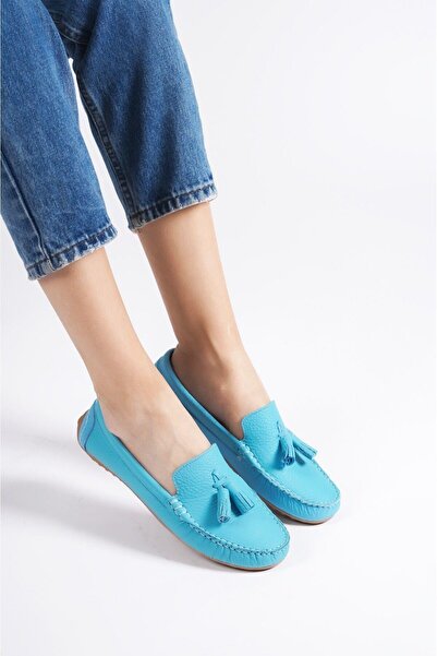 Mubiano Hakiki Deri 201-M Püsküllü Oval Burunlu Kadın Mavi Babet & Loafer Ayakkabı