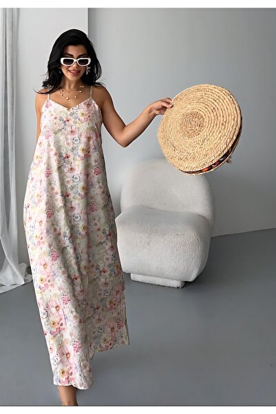 DİMA Floral Patterned Lined Long Flowing Cutout Strap Dress