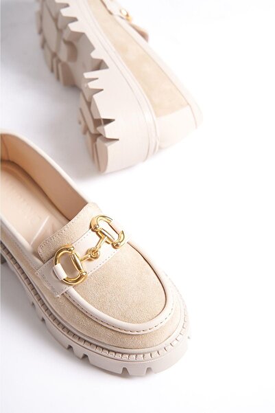 Mubiano MB1170-BJ Kalın Taban Lüx Süet Tokalı Bej Kadın Kolej Loafer