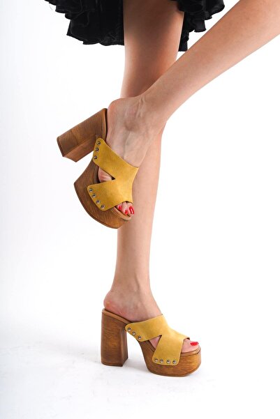 Mubiano Collection Mubiano Genuine Leather Collection Women's Suede Clogs Slippers Mustard - Mcgvn1501 - Hrd