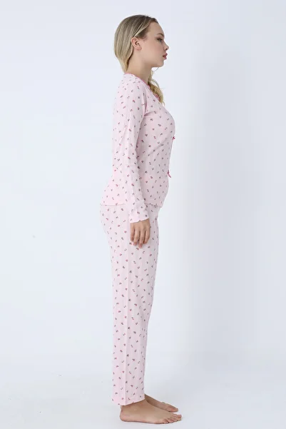 TURAY Catherine Basic Uzunkol 100% Cotton Women's Pink Pajamas Set