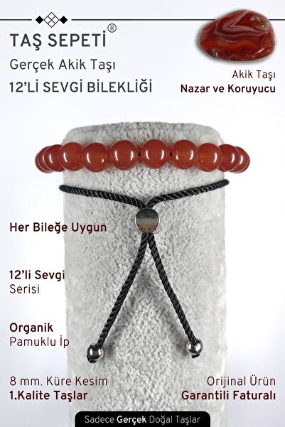 TAŞ SEPETİ 12'li Mutlak Sevgi Serisi Gerçek Akik Doğal Taşı Unisex Ayarlı Bil...