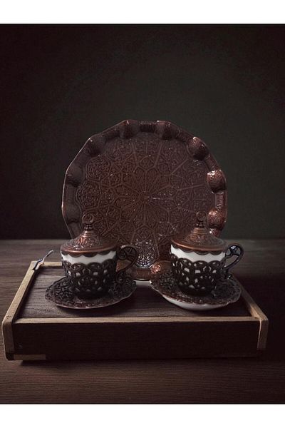 E orient Turkish Greek Arabic Coffee Full Set of 2 Cups with Saucers Lids Sugar Bowl Tray and Copper Coffee Pot,