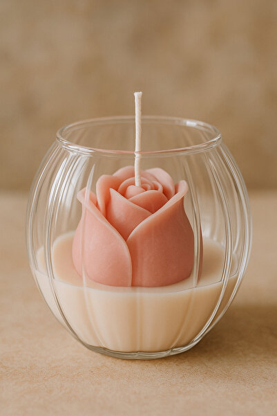 BellaMatta Cam Fanusta Gül Şeklinde Dekoratif Mum