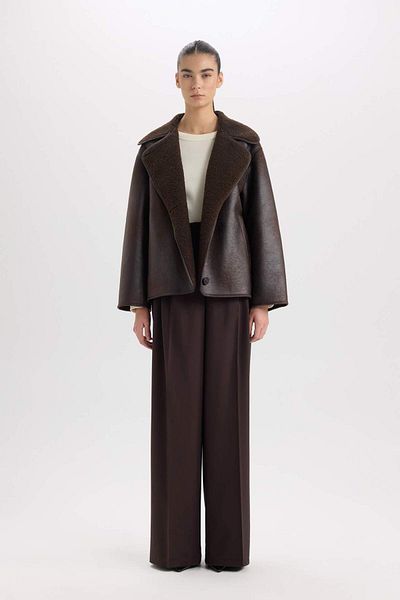 DeFacto Plüsch-Knopftaschen-gefütterte saisonale Kunstlederjacke mit Polokragen D6822AX24WN