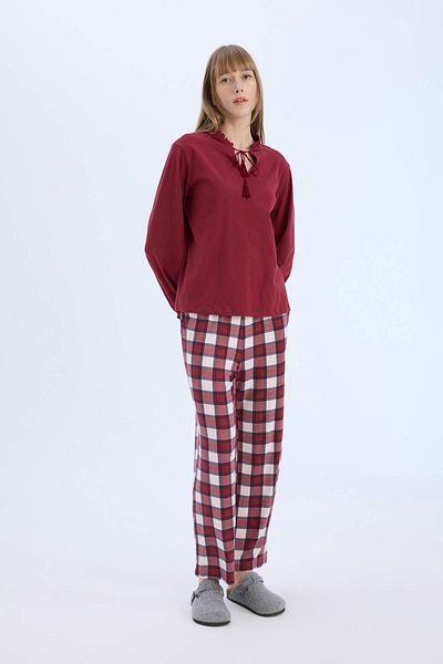 DeFacto Pajama Sets Regular Fit Long Sleeve Top Checked Long Bottom-Fall in Love E2353Ax24Wn