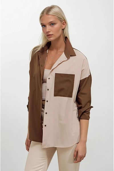 hazelin Cămașă de damă din poplin cu blocuri crem maro - Hzl22s-bd 1201161