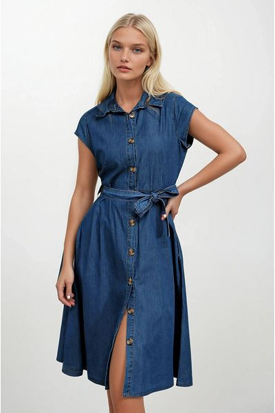 hazelin Rochie cămașă din denim cu mânecă scurtă, cu nasturi, cu centură în talie, Hzl22s-bd 121761