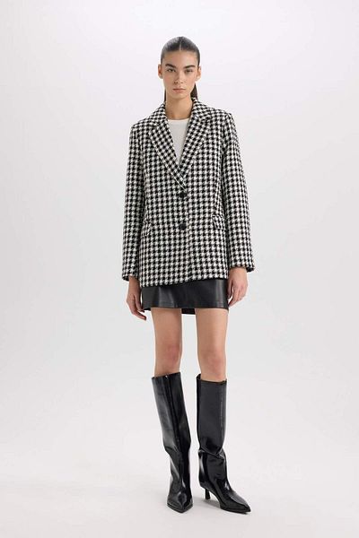 DeFacto Jachetă supradimensionată cu potrivire largă, cu rever, cu nasturi, cu model Tweed, V2814AZ24AU