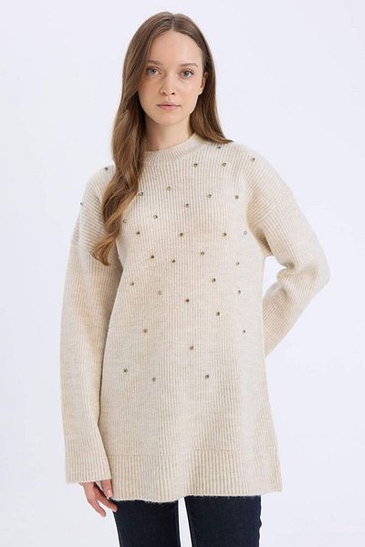 DeFacto Relax Fit Crew Neck Rhinestone Knitwear Sweater Tunic E2945Ax24Wn