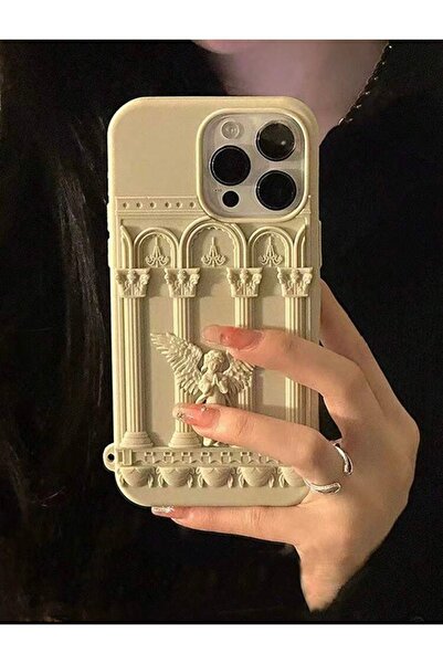 FİŞNEİLETİŞİM İPHONE 14 PROMAX  UYUMLU 3D MELEK DESENLİ KILIF (EKRU)