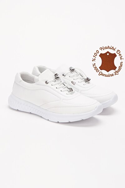 elvinshoes Danıka Hakiki Deri Kadın Beyaz Ortopedik Spor Ayakkabı Sneaker