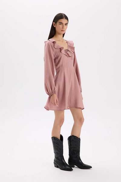 DeFacto Rochie mini neagră, de bază, dreaptă, modal, cu mâneci lungi, cu decolteu în V E4213ax24wn