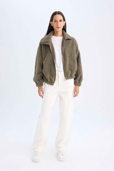 DeFacto Cardigan supradimensionat cu gât polo - Welsoft Plush, cu fermoar C8229AX24WN
