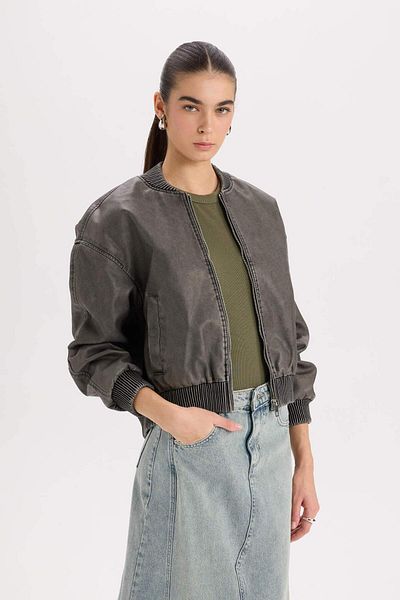 DeFacto Faux Leather Water Repellent Bomber Jacket - College Collar, Zip Pockets, B3457Ax24Au