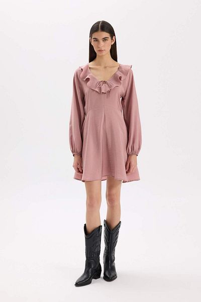 DeFacto Rochie mini neagră, de bază, dreaptă, modal, cu mâneci lungi, cu decolteu în V E4213ax24wn