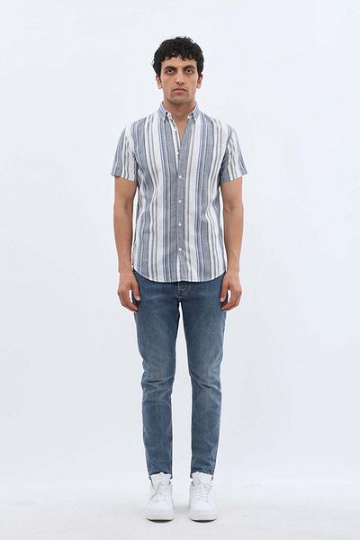 SHIRTSPRO shirtpro cotton regular fit short sleeve button down collar shirt in navy color striped pattern