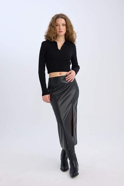 DeFacto Pencil High Waist Slit Faux Leather Midi Black Skirt D3015Ax24Wn