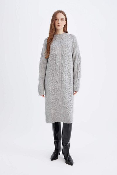 DeFacto Rochie tricotată midi cu imprimeu tricot de păr cu decolteu rotund - Potrivire obișnuită, mânecă lungă Y2073az24wn