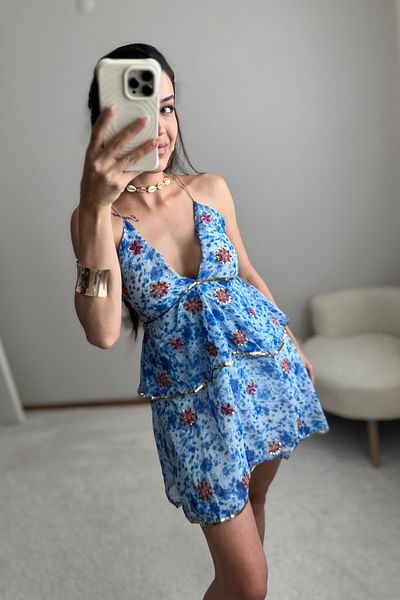 MoyStore Blue Floral Sequin Embroidered Stylish Mini Dress