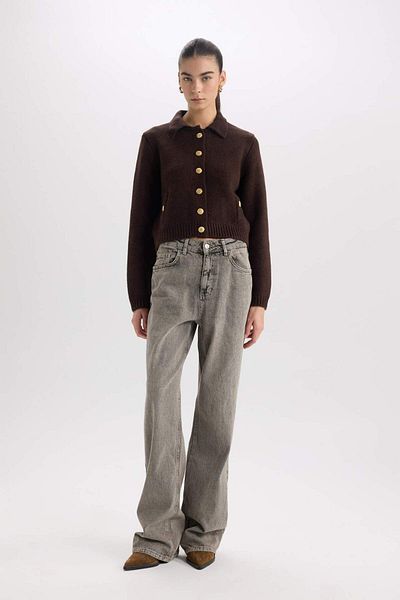 DeFacto Strickjacke mit Polokragen und Knöpfen in normaler Passform D8808AX24WN