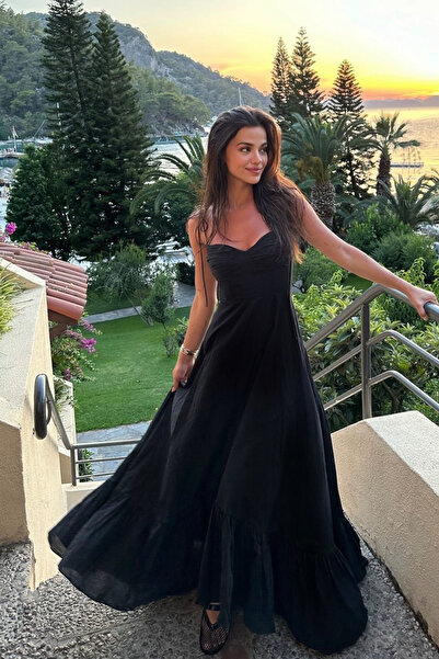 Açelya Okcu Premium Fırfır Detaylı Askılı Vual Maxi Kadın Elbise